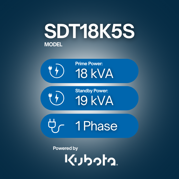 SDT18K5S, 19kVA Diesel Generator 240V, 1 Phase: Powered by Kubota