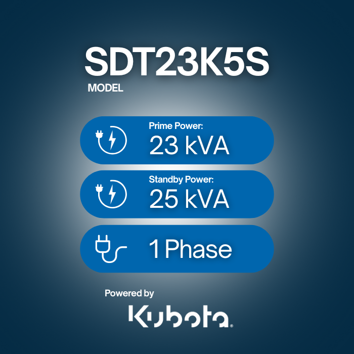 SDT23K5S, 25kVA Diesel Generator 240V, 1 Phase: Powered by Kubota