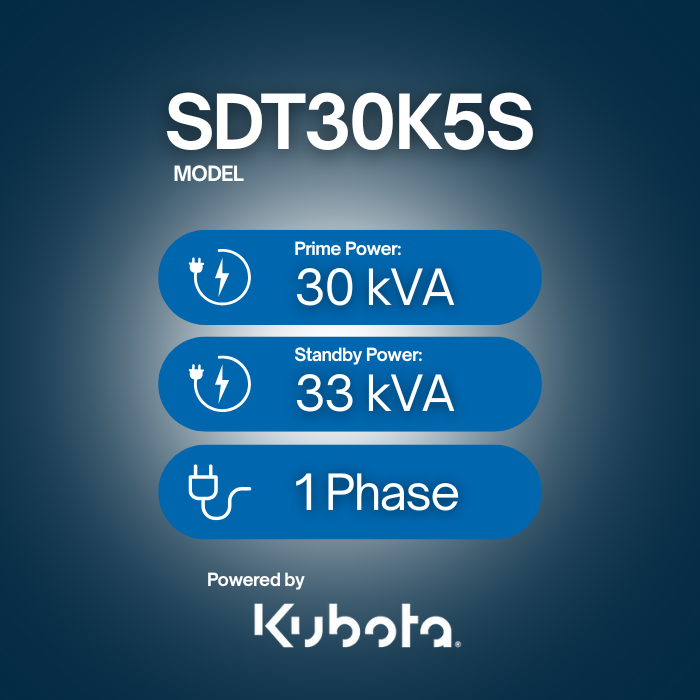 SDT30K5S, 33kVA Diesel Generator 240V, 1 Phase: Powered by Kubota