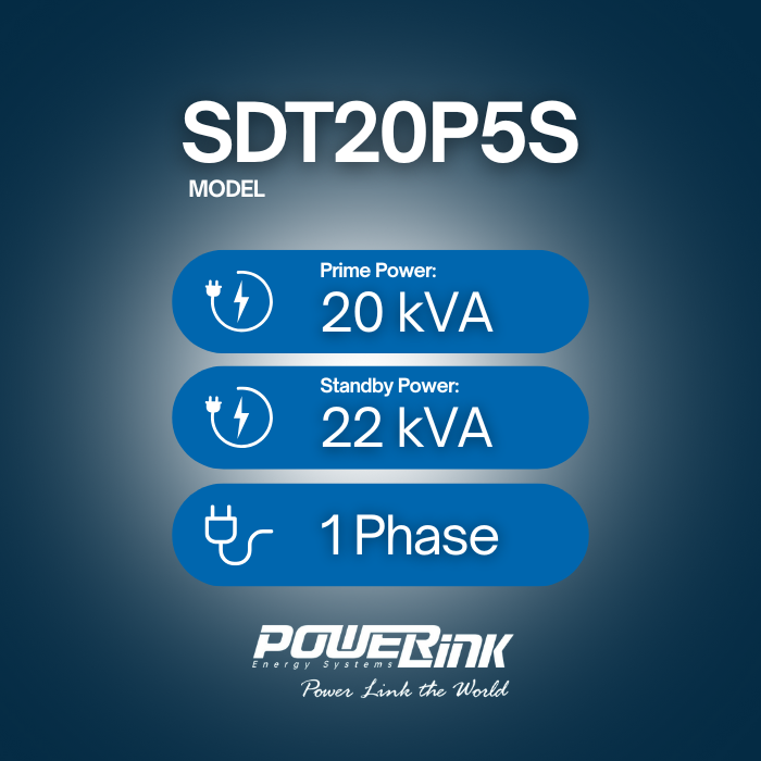 SDT20P5S, 22kVA Diesel Generator 240V, 1 Phase: Powered by PowerLink